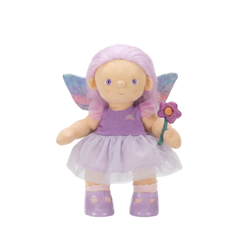 Dinkum Doll Fairy Evie with lavender hair, purple fairy dress, shimmering wings, sparkly shoes and magnetic flower wand.
